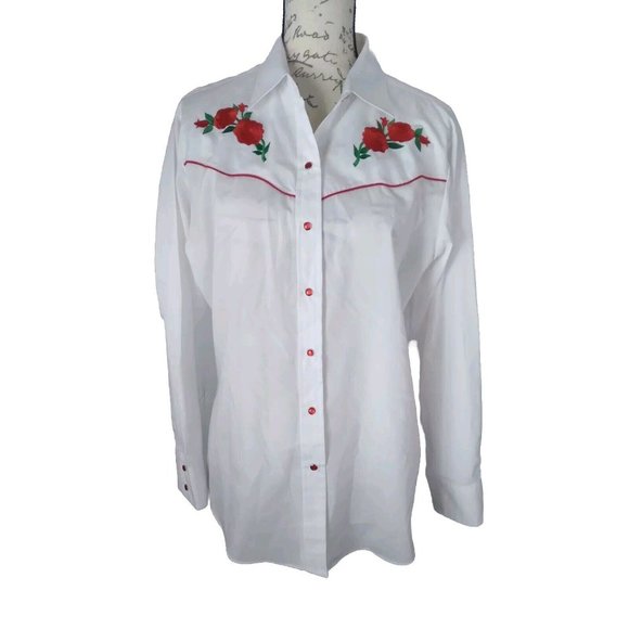 Country Charmers Ely western white embroidered red roses Snap Shirt women’s LRG - Picture 16 of 16